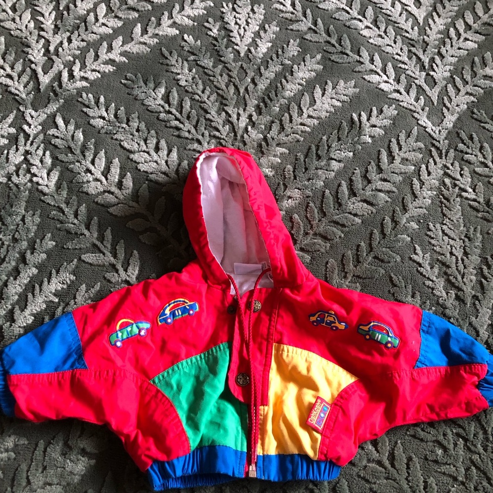 Vintage OshKosh Kids Colorblock Hooded Jacket with Car Appliqués - Red Size 0-6m